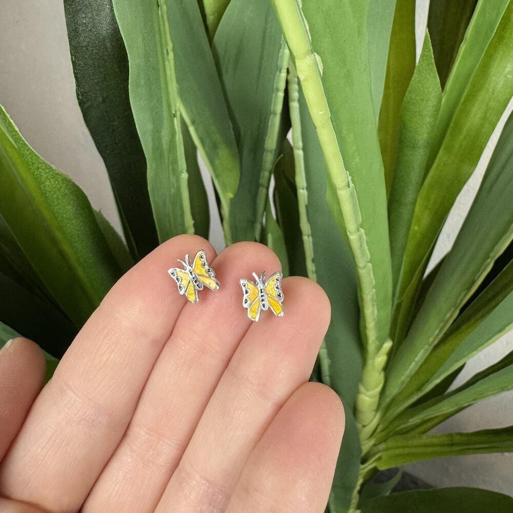 Y2K Coquette Girly Grunge VTG Silver Toned Yellow Enamel Butterfly Stud Earrings